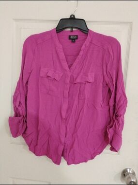 a.n.a Bright Fuchsia Button-Front V-Neck Shirt